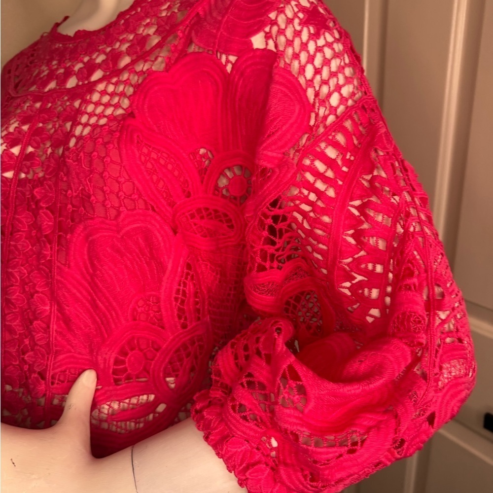 Farm Rio Boohoo Alucina Puff-Sleeve Guipure Pink Crop Top Size Small - Picture 10 of 13